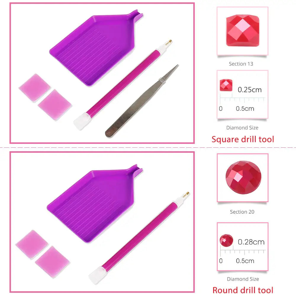 A set of square and round diamond drill tools for floral diamond painting kits