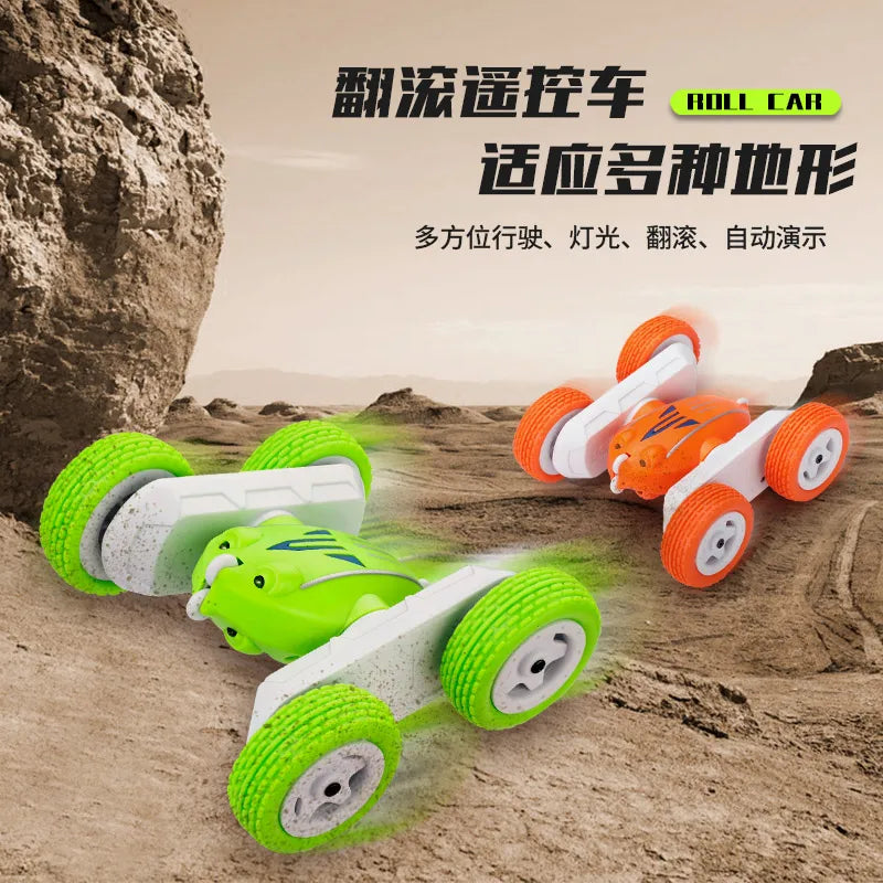 A green remote control stunt car is shown performing an off-road maneuver on a dirt terrain.