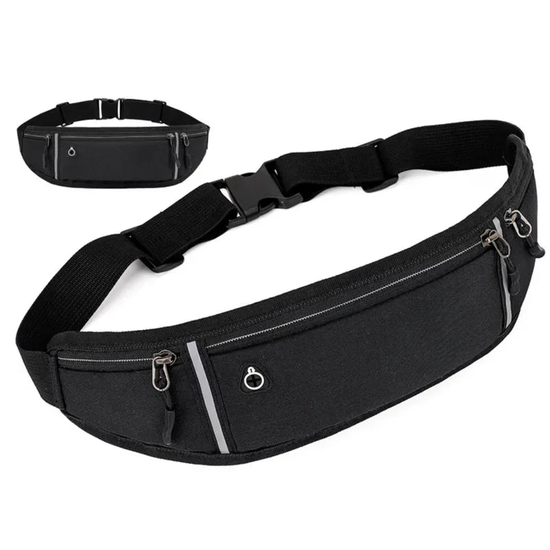 Black canvas waist pack or fanny pack with multiple pockets shown against a white background.