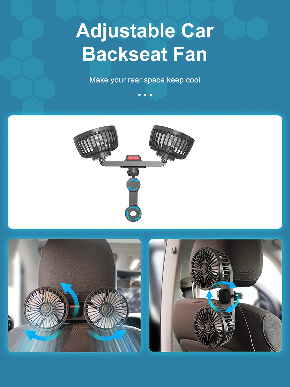 Adjustable car backseat fan featuring dual heads and 360-degree movement for cooling.