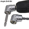 A silver angle drill bit attachment with a magnetic hex socket and black handle.
