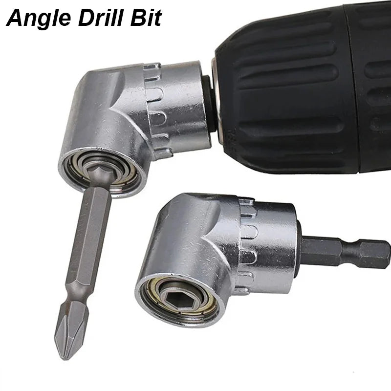 A silver angle drill bit attachment with a magnetic hex socket and black handle.