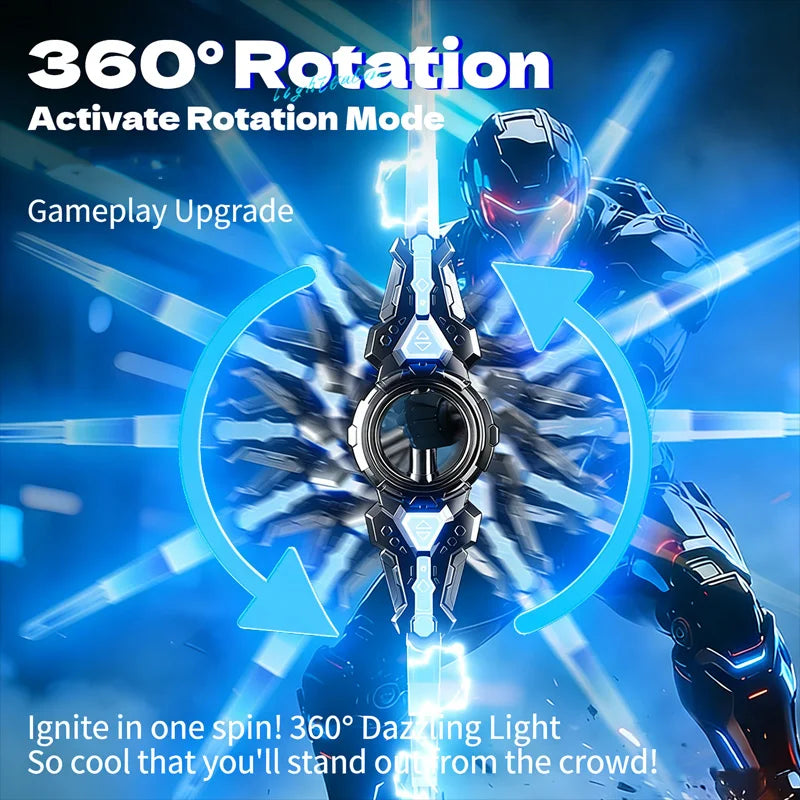 A futuristic character wielding a retractable double-ended LED sword with rotating blades in a blue light effect.