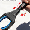 A hand holds a black foldable grabber tool with a blue grip, demonstrating 360 degree rotating capability.