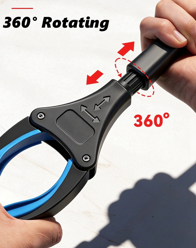 A hand holds a black foldable grabber tool with a blue grip, demonstrating 360 degree rotating capability.