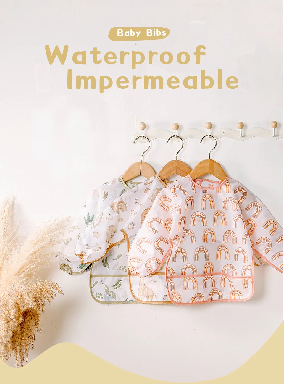 Waterproof Long-Sleeve Baby Bibs with Catch-All Pockets