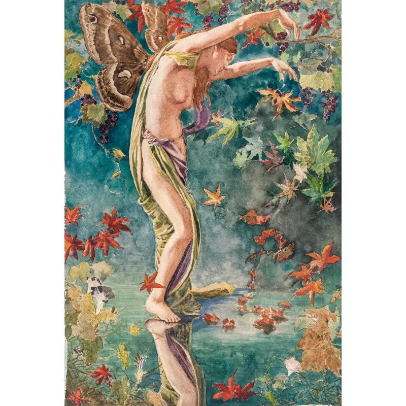A painting of a nude figure with butterfly wings reaching out amidst lush green foliage and red leaves.