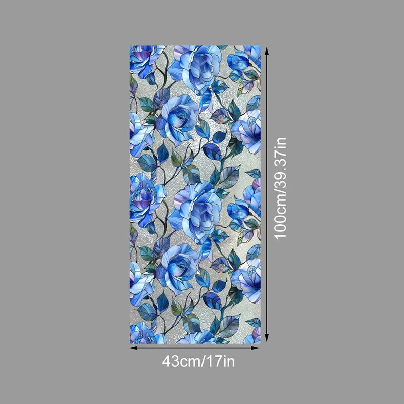 Floral stained glass window film featuring blue and teal roses on a light gray background