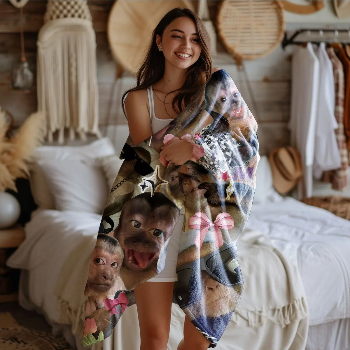 Funny Monkey Print Flannel Blanket – Soft & Cozy Throw