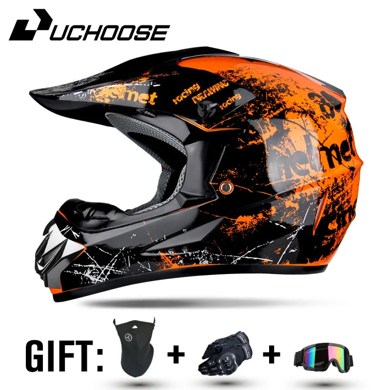 An orange and black DOT-certified full-face off-road helmet is shown with accessories.