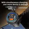 A close-up view of a black car charger with an LED display showing QC3.0 fast charging information.