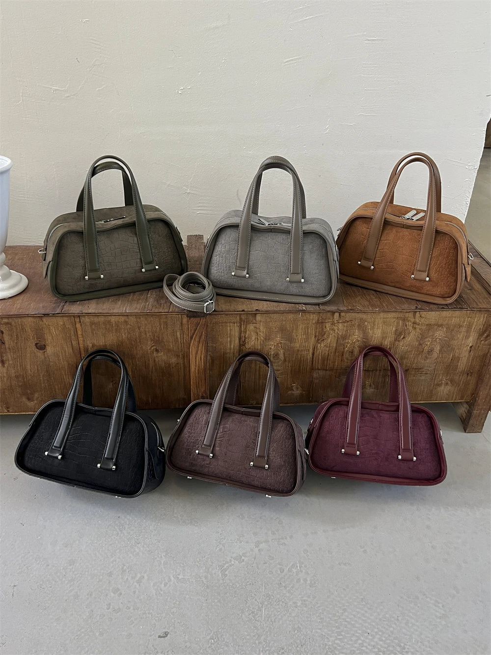 Vintage Croc-Embossed Mini Boston Bag with Dual Straps