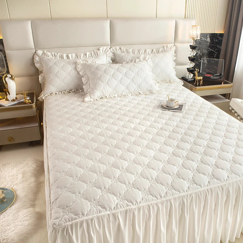 Quilted Solid Color Bed Skirt with Pleated Ruffle