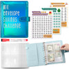 A5 budget binder with cash envelopes and savings challenge tracker showing numbered envelopes and money