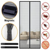 Magnetic screen door curtain with Velcro installation showing the fabric, magnetic strip, and anti-insect features.