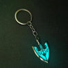 Silver pendant necklace shaped like a sword with an ornate hilt, set against a dark background.