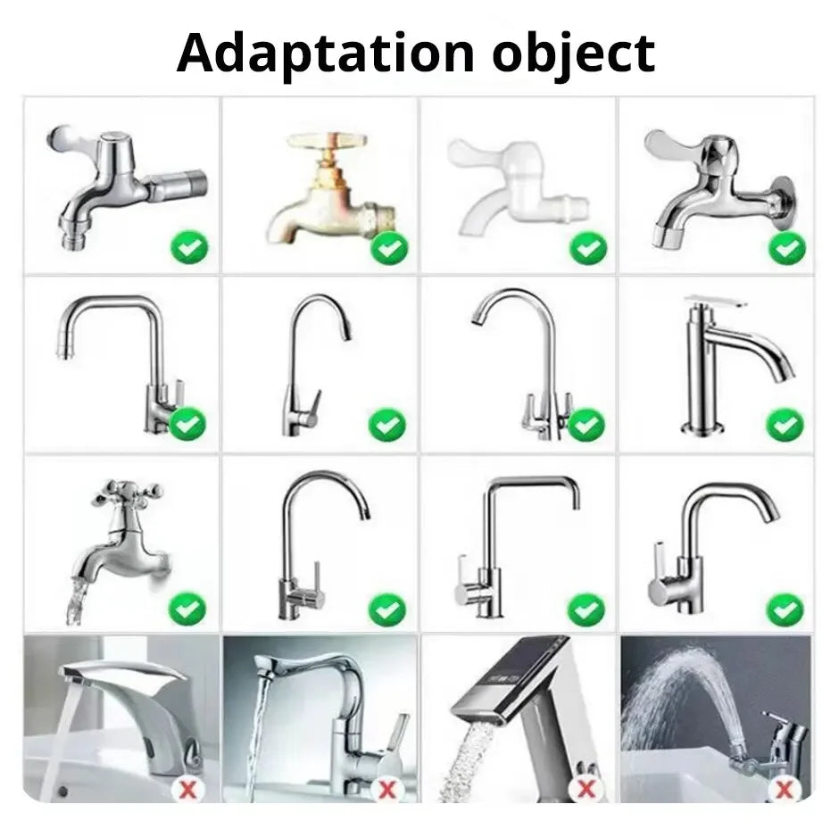 A series of images showing different angles and models of a universal faucet water filter with a splash-proof spray head.