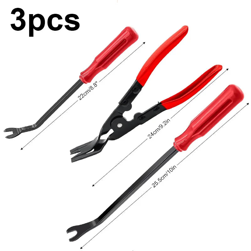 A set of three red and black auto trim removal tools with storage bag.