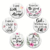 A set of six round wooden coasters featuring hand-painted English religious phrases like I am with you Always and Trust in th