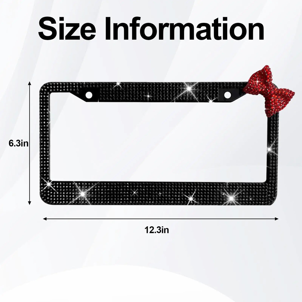 Black rhinestone license plate frame measuring 6.3 inches by 12.3 inches with a red bow accent.
