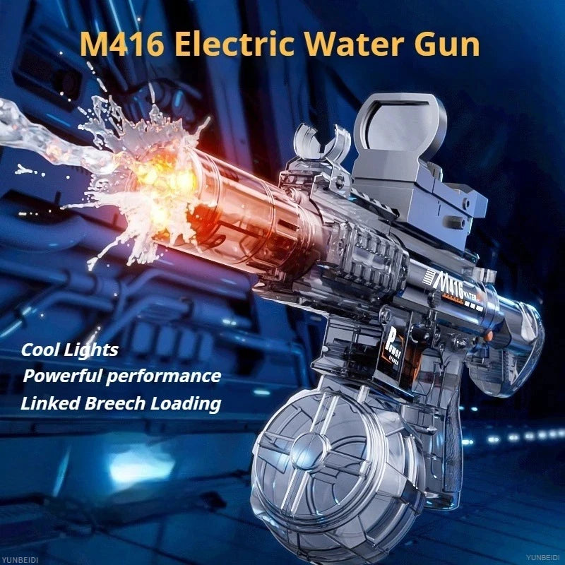 Close-up of an M416 electric water gun firing a stream of water and mist against a dark blue background.
