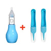 A blue gentle baby nasal aspirator device with a silicone tip and a separate blue plastic component.