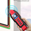 A hand holds a red and black wire tracer device used to detect cables, breakpoints, and short circuits in walls.
