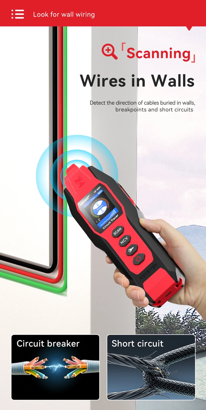 A hand holds a red and black wire tracer device used to detect cables, breakpoints, and short circuits in walls.
