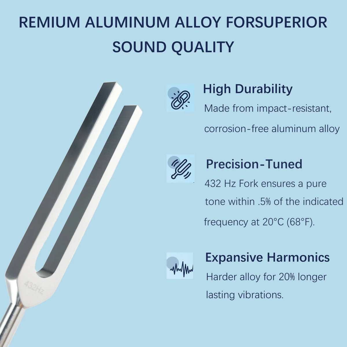 A silver tuning fork set featuring a 432Hz fork, mallet, and storage bag, highlighting its durability and precision tuning.