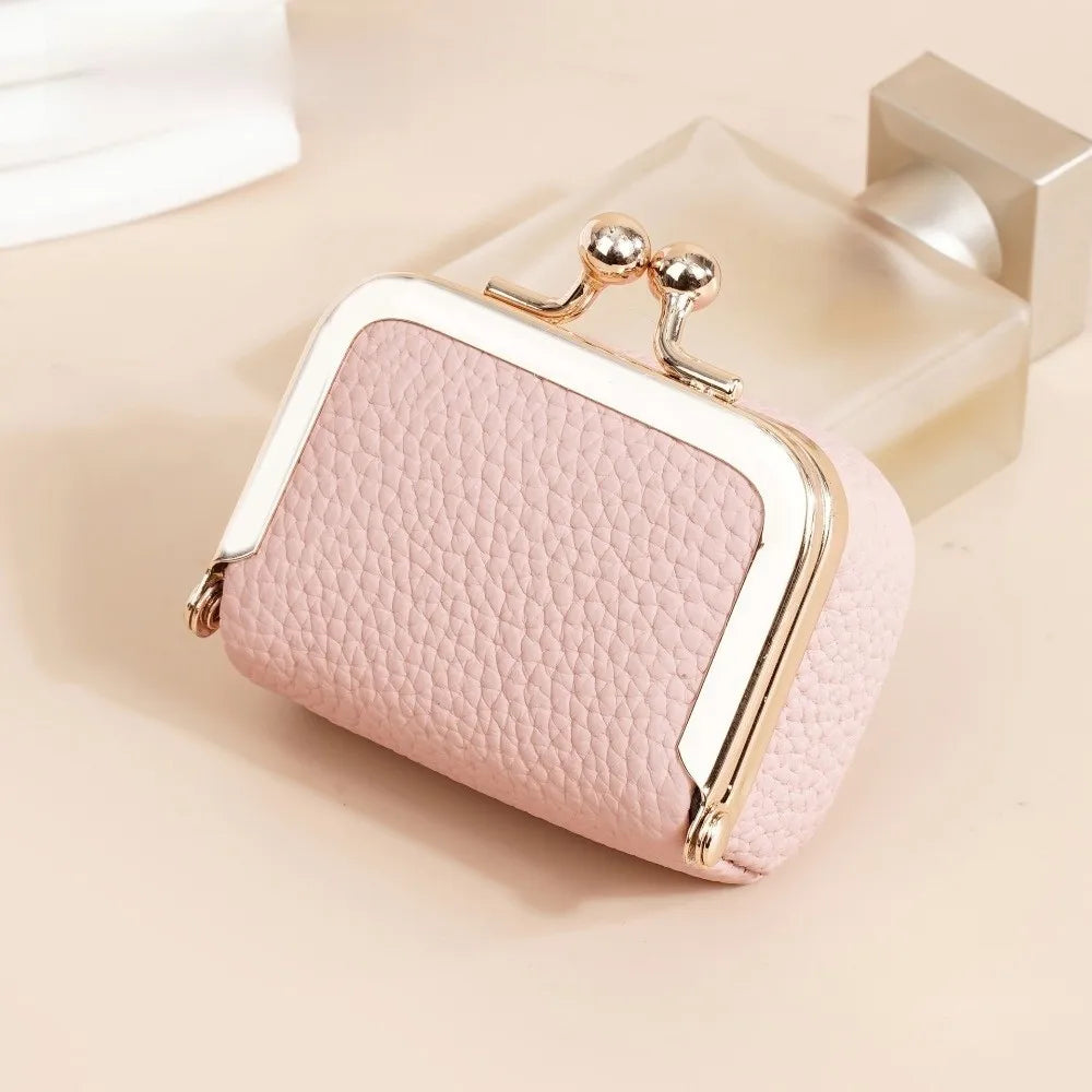 Genuine Leather Kiss Lock Coin Purse with Key Ring