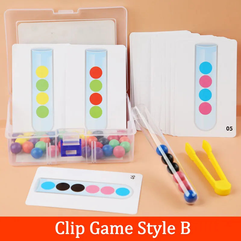 A set of clip game style B wooden bead sorting game featuring test tubes and colored beads.