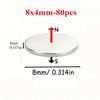 Round silver magnetic stickers, 4mm thick and 8mm in diameter, shown with North and South indicators.