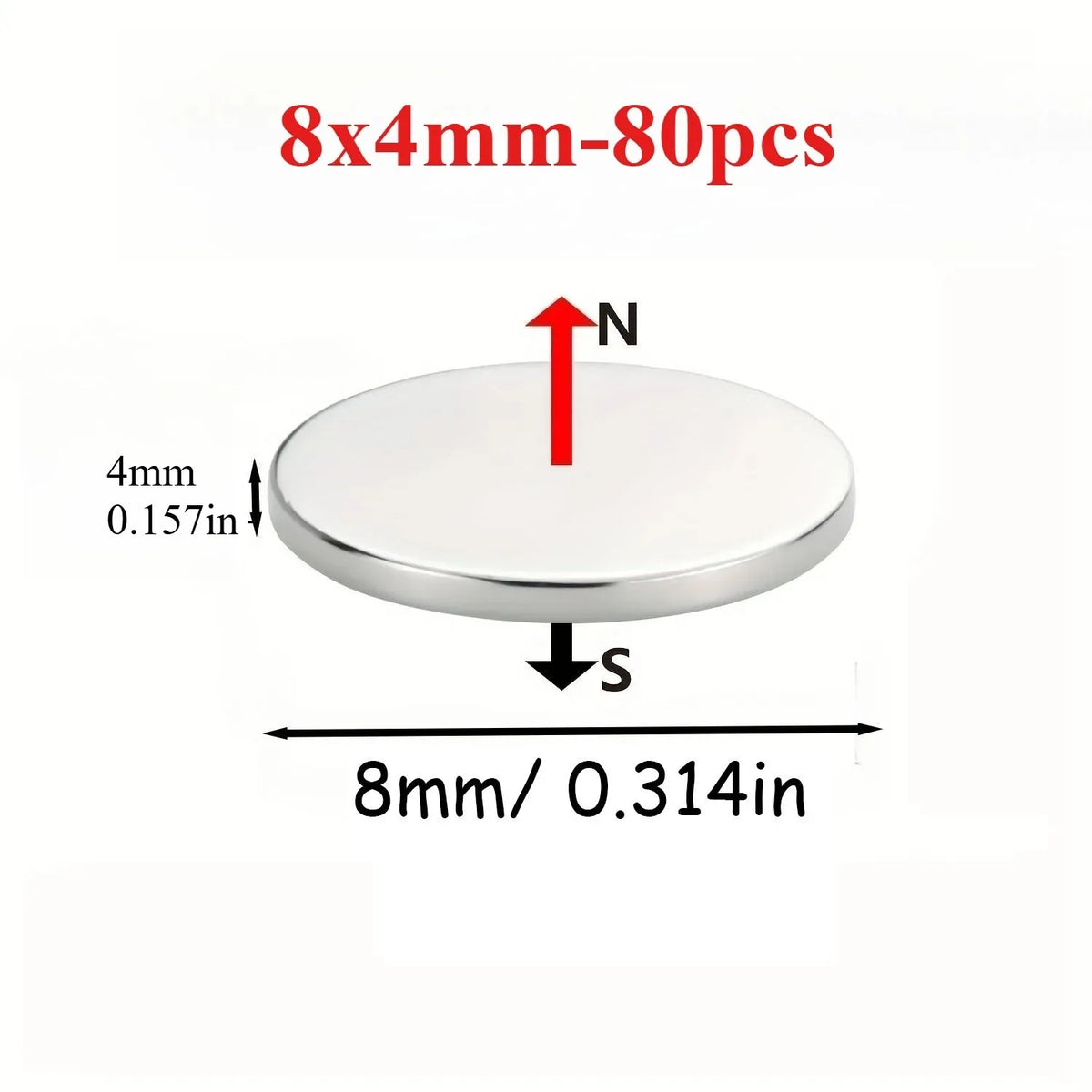 Round silver magnetic stickers, 4mm thick and 8mm in diameter, shown with North and South indicators.