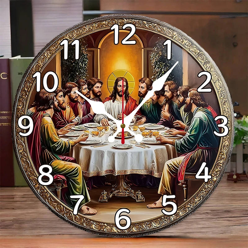 Last Supper Wooden Wall Clock – Silent Round Design for Timeless Home Decor