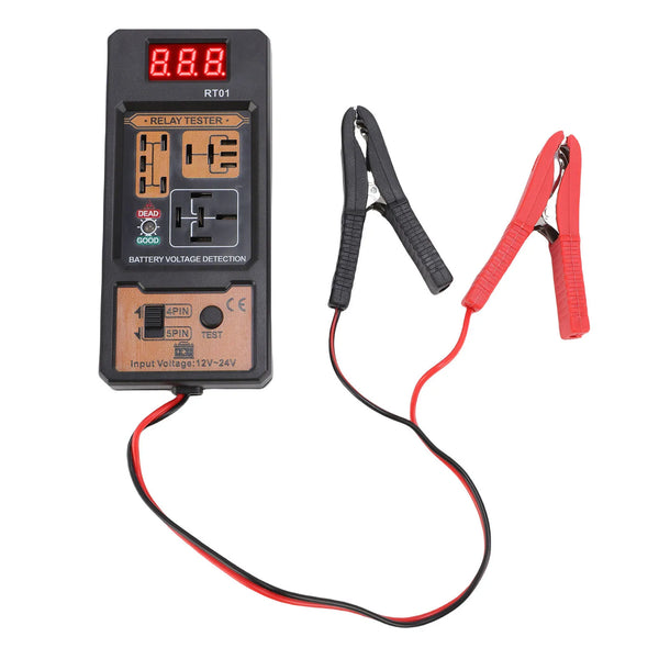 A black relay tester device with an LED display showing 8.8.8, connected by a red wire.