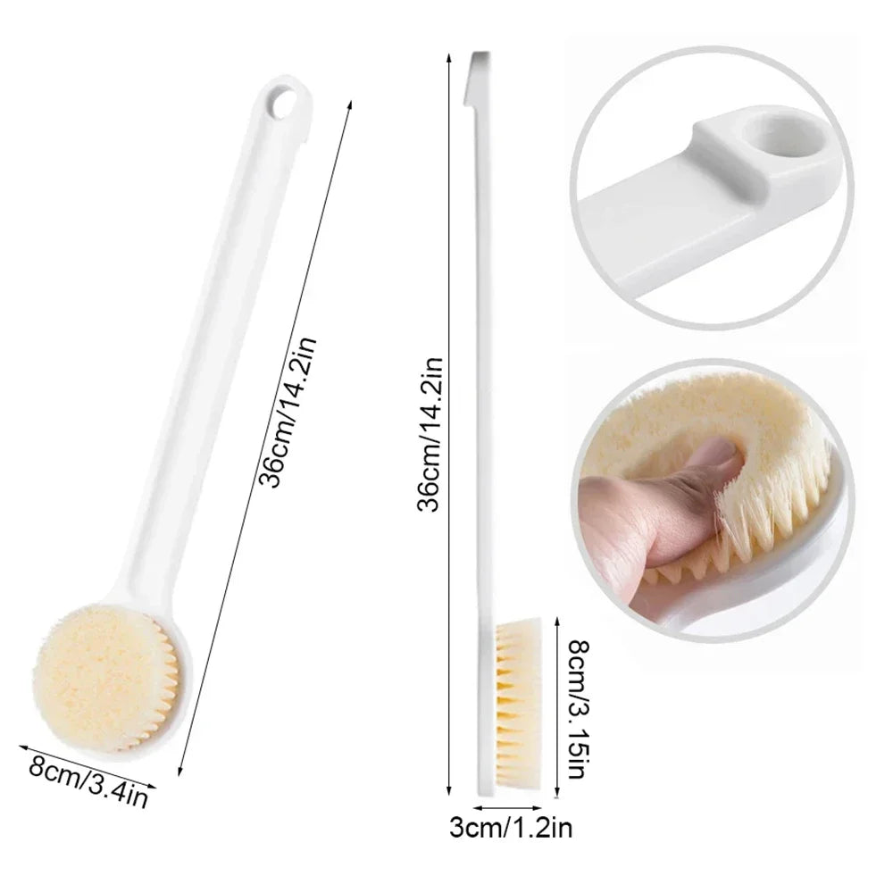 Cepillo ergonómico blanco de mango largo con varios accesorios mostrados en detalle