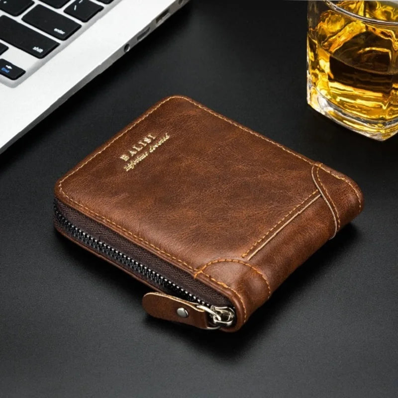 Men's Retro PU Leather Bifold Wallet with Zipper and Coin Pocket