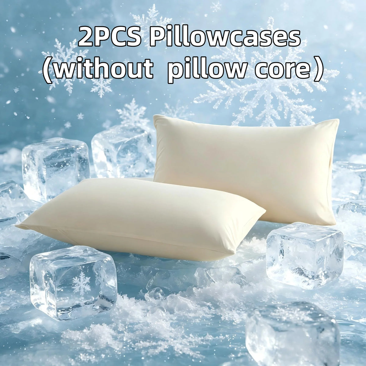 Two white pillowcases without a core resting on ice cubes.