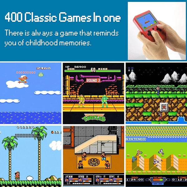 Collage de jeux classiques et captures d'écran pour une console de jeux portable rétro.