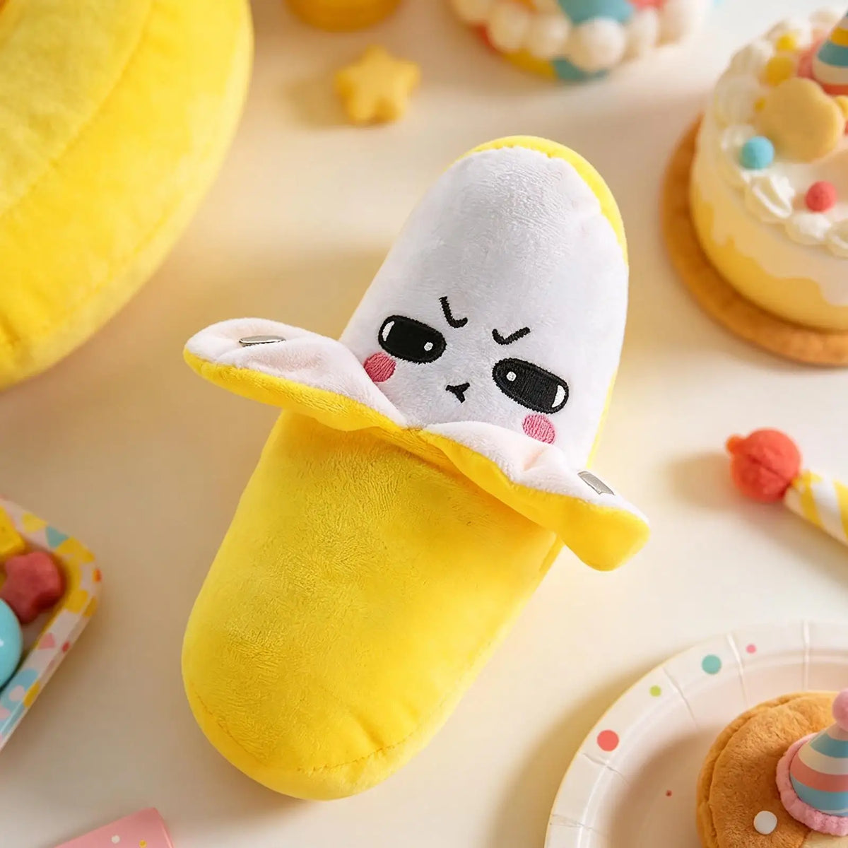 A yellow banana plush toy with a white, expressive face and peel detail resting on a light background.