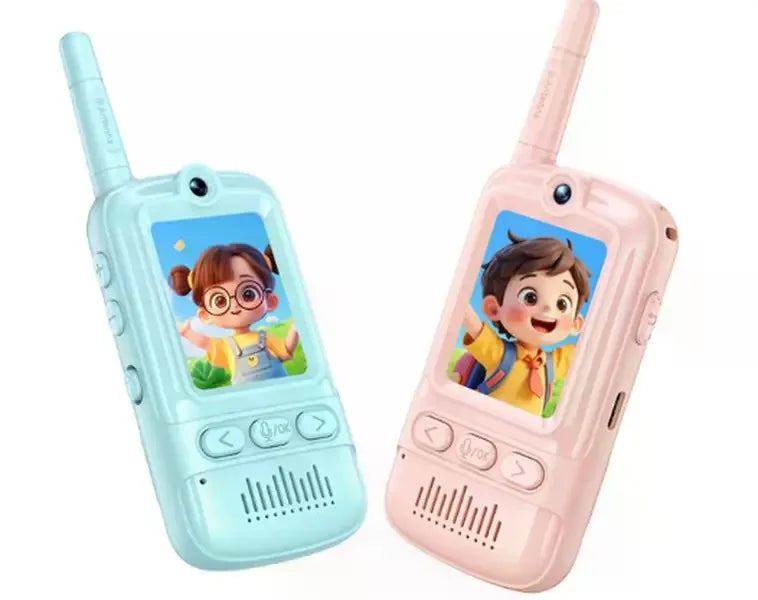 A pink kids video walkie talkie with a camera and a light blue version.
