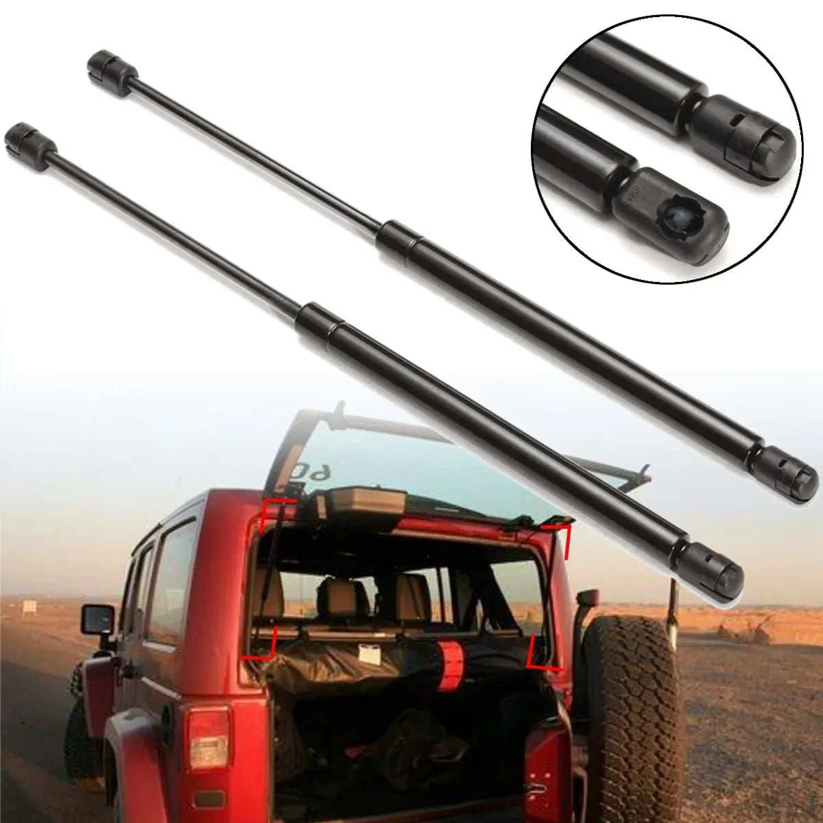 A pair of black heavy-duty hood lift supports for a Jeep Liberty, shown with an inset detail.