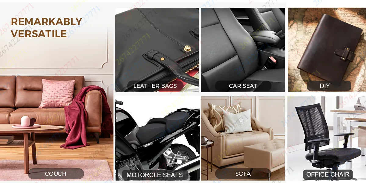 Various examples of self-adhesive faux leather repair tape used for furniture, bags, car seats, and office chairs.