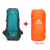 A teal hiking backpack next to its orange rain cover.