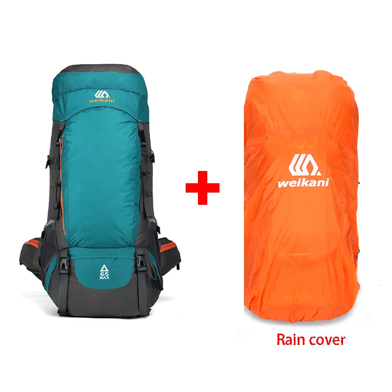 A teal hiking backpack next to its orange rain cover.