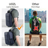 A dark blue UOZL laptop backpack shown on a person, next to other brand bags.
