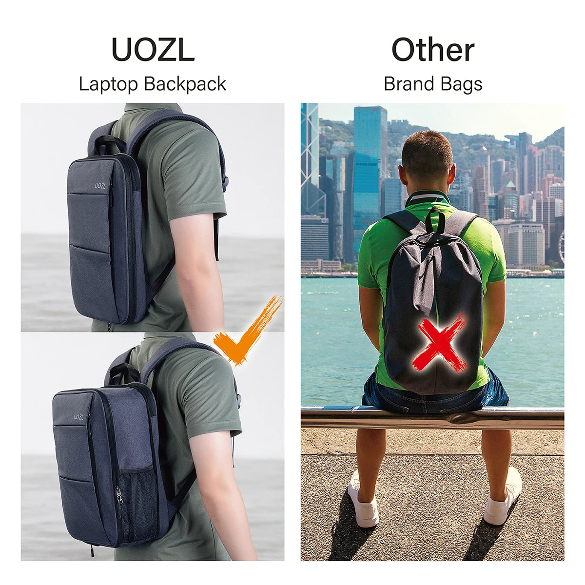 A dark blue UOZL laptop backpack shown on a person, next to other brand bags.
