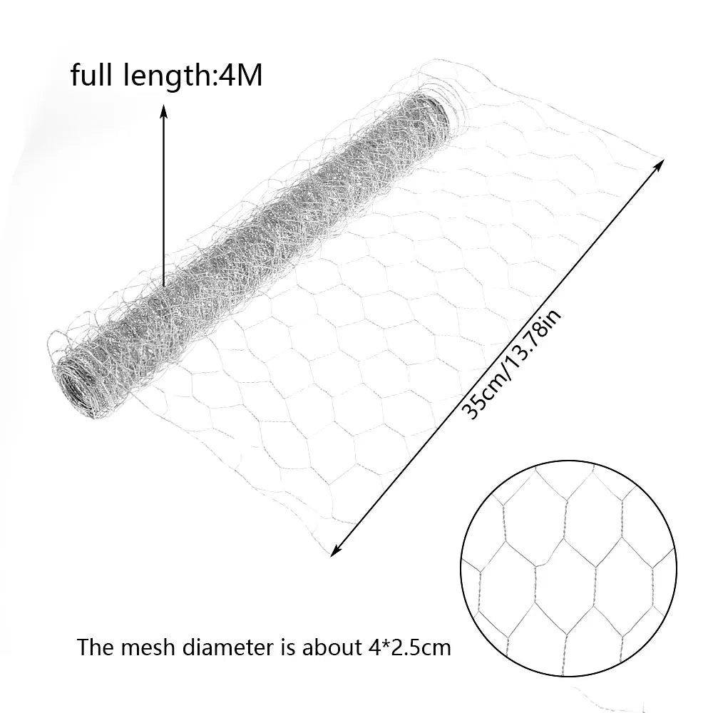 A long piece of galvanized hexagonal wire mesh, 4 meters in length, is shown alongside a magnified view of the mesh diameter.