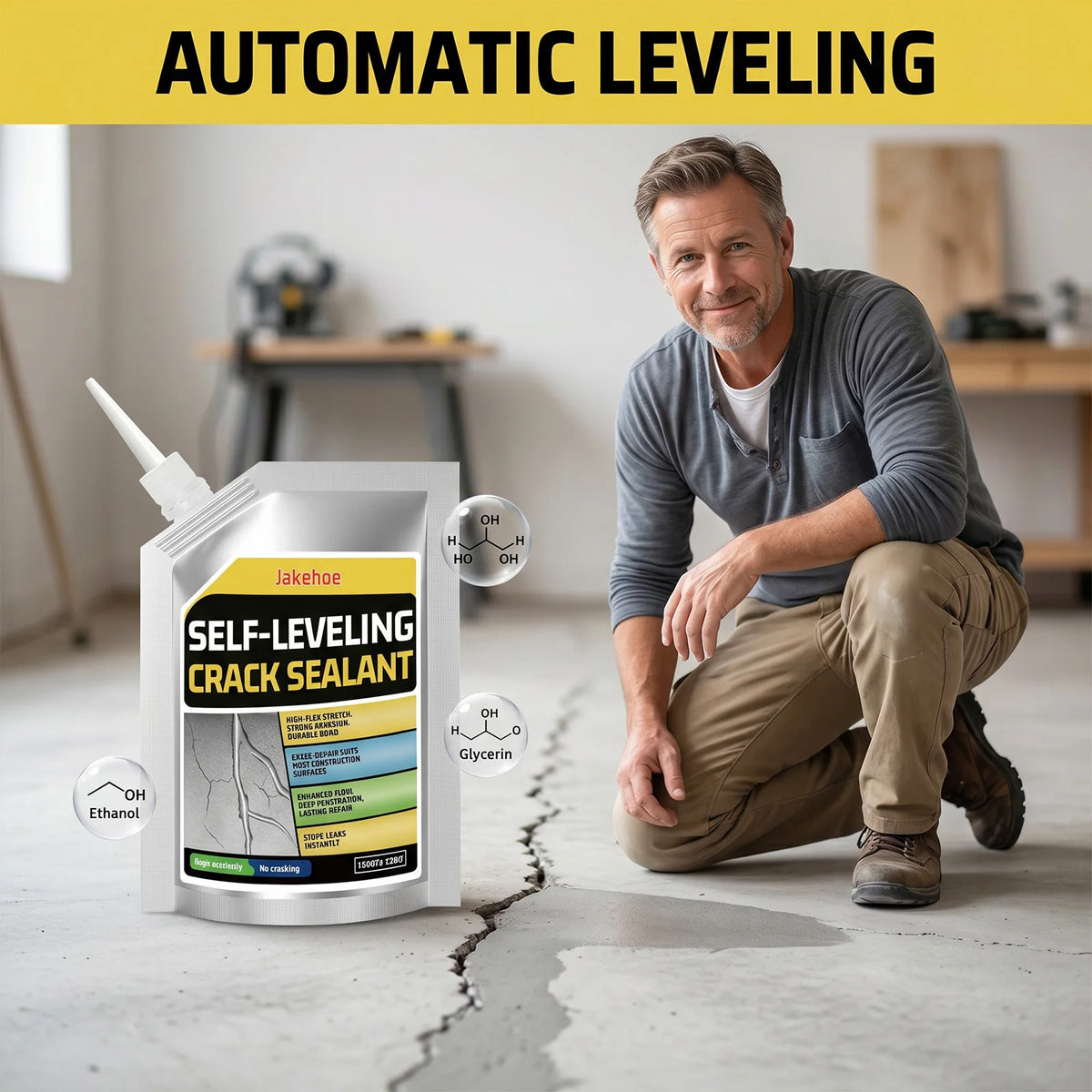A man demonstrates the use of a self-leveling concrete crack sealant product on a floor.