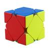 A colorful magnetic speed cube made of plastic pieces in red, yellow, and blue.